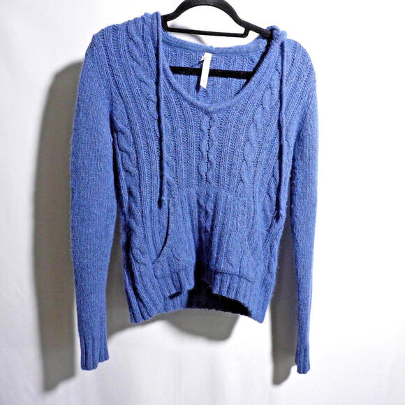 Lilu Angora Wool Blend Blue Hooded Sweater M Preppy Academia Cable Knit Crop - Picture 1 of 6